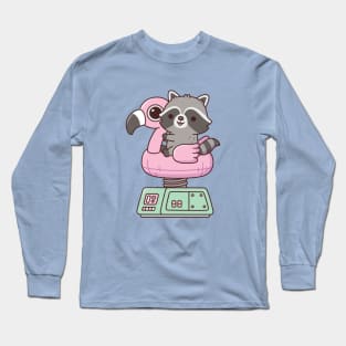 Cute Raccoon On Flamingo Pool Float Ride Machine Long Sleeve T-Shirt